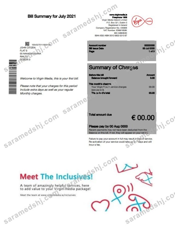 Ireland Virgin Media utility bill template in Word and PDF format, version 2